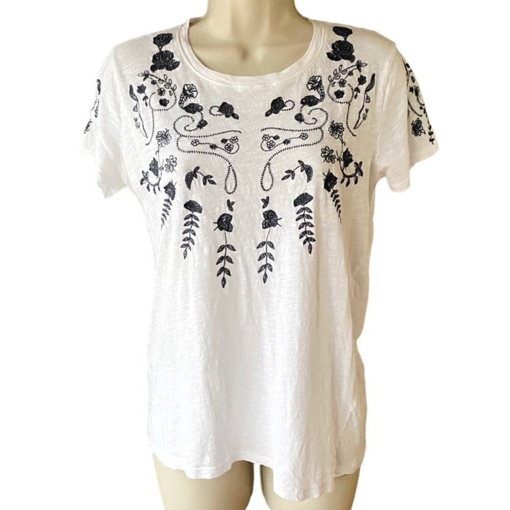LUCKY BRAND Blue & White Embroidered Short Sleeve Lightweight Top ~ Womens SMALL